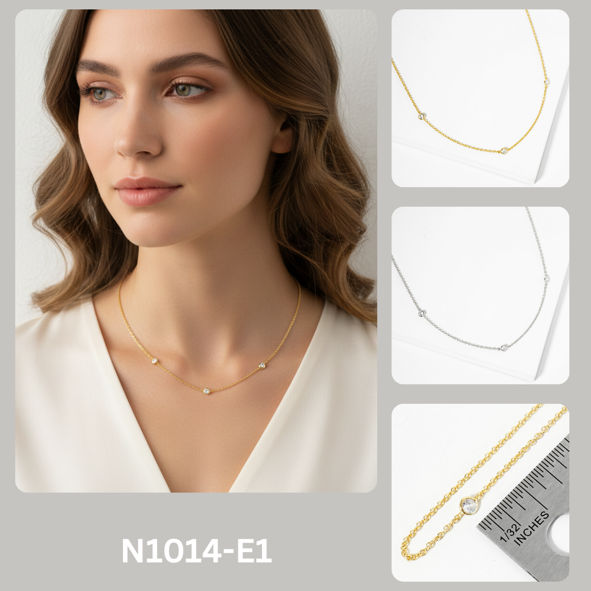 18K Gold Plated Triple Bezel-Set CZ Station Necklace