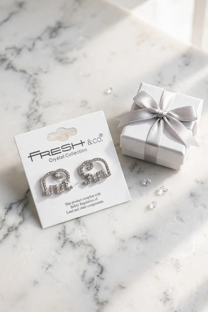 Crystal Elephant Stud Earrings – Open-Outline Elephant, Gold