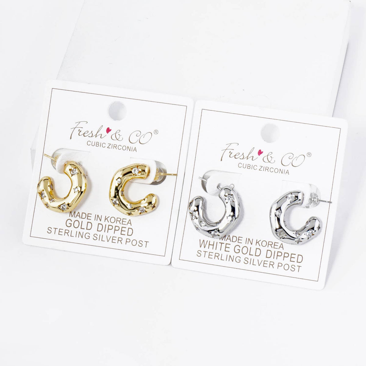 18K GOLD DIPPED CUBIC ZIRCONIA EMBEDDED 15MM ORGANIC HOOP