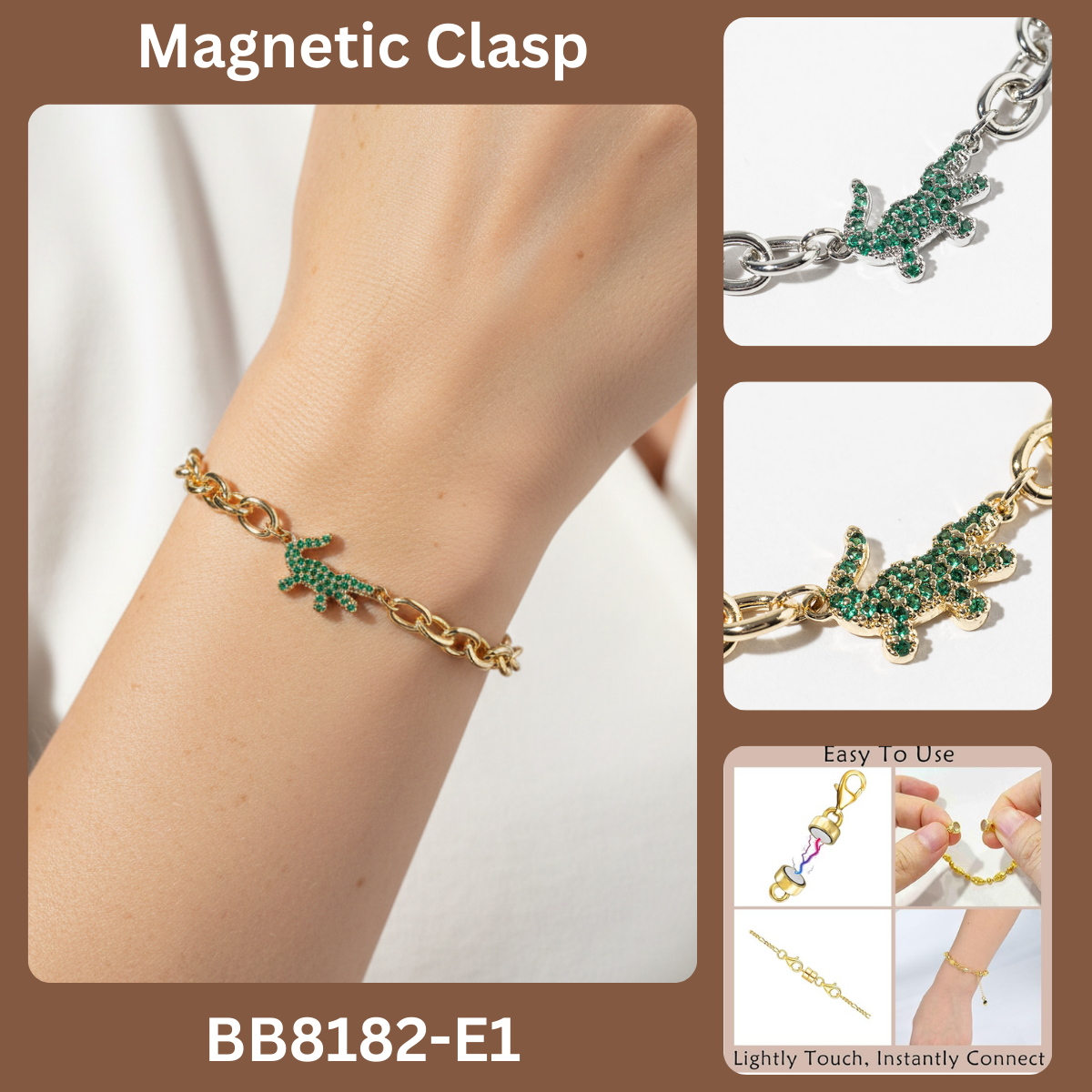 Pavé Green Alligator Magnetic Clasp Link Chain Bracelet