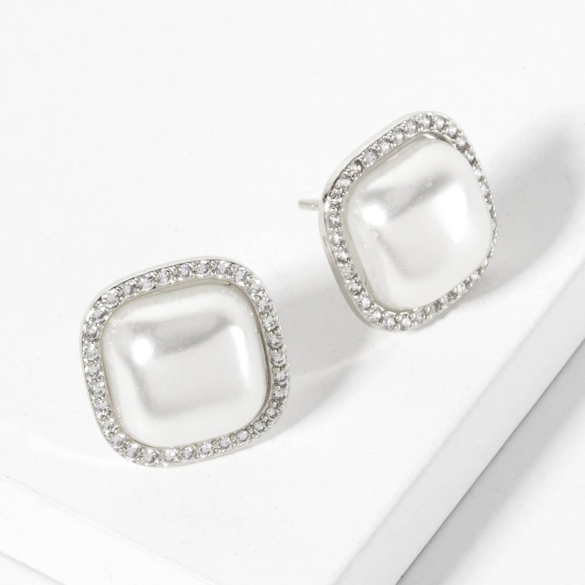 Square-Shaped Pearl with Pave-Set Stud Earrings