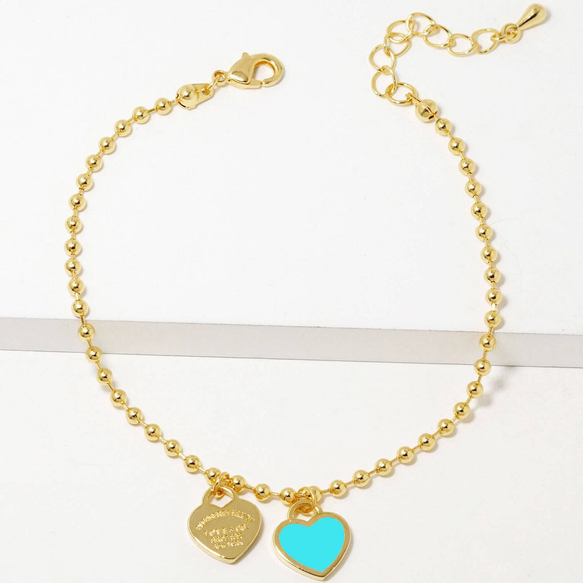 Double Heart Charm Bead Chain Bracelet - Gold & White Gold D