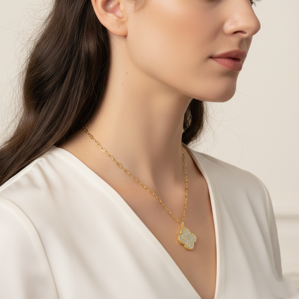 Pave CZ Four-Leaf Clover Paperclip Chain Necklace