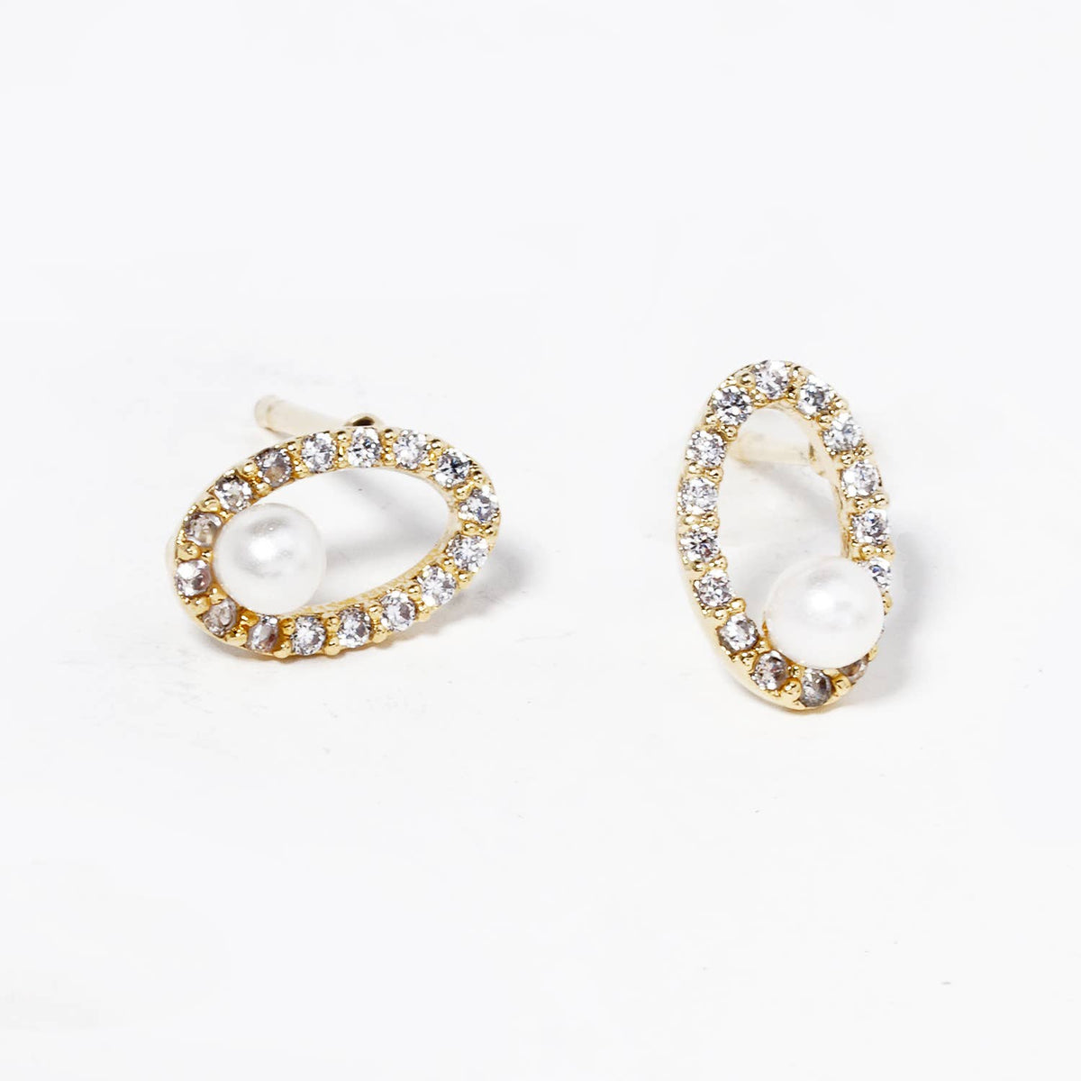 18K Gold Dipped CZ Pave Oval Pearl Post Stud Earrings