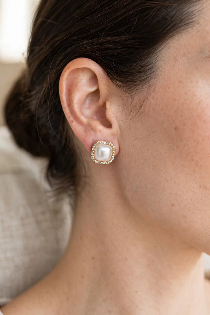Cushion Pearl Halo Stud Earrings – Crystal Halo Pearl Studs,