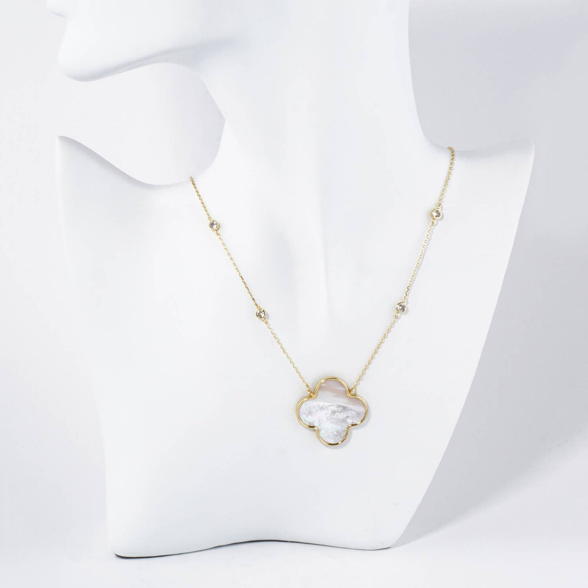 Quatrefoil Pendant CZ Stone Chain Necklace / 18K Gold Dipped