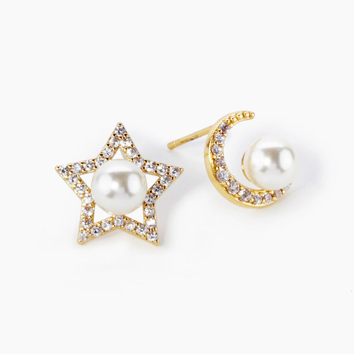 CUBIC ZIRCONIA WITH PEARL STAR AND MOON ASYMMETRICAL STUD
