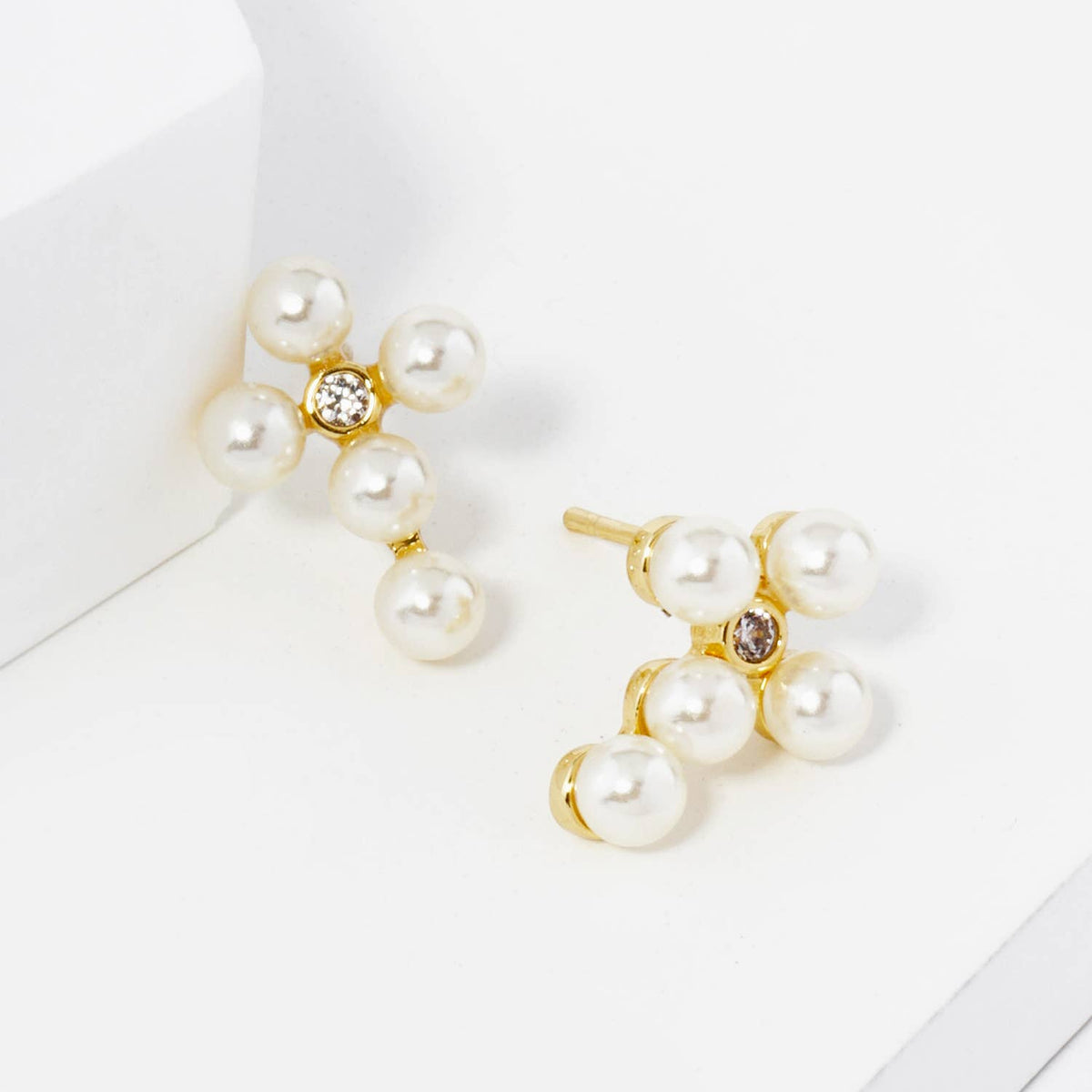 18K GOLD DIPPED 4MM PEARL BEADED CROSS STUD EARRINGS