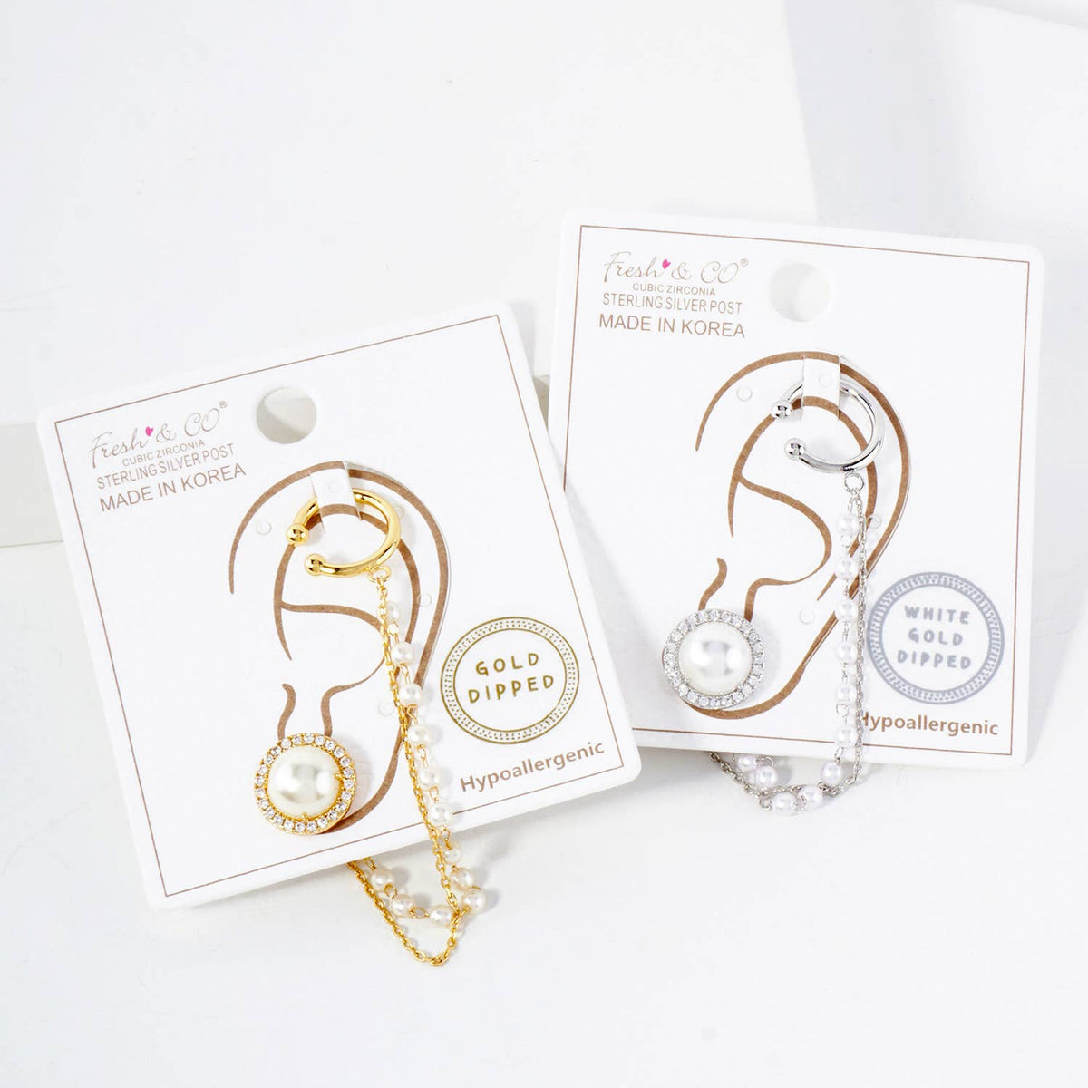 Pearl Surrounded with Ear Cuff Drape Chain Earring Set