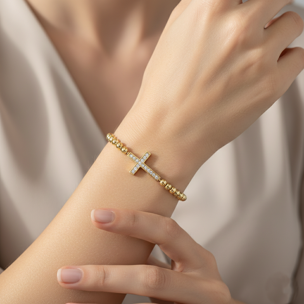 Elegant Beaded Sideways Pavé Cross Bracelet
