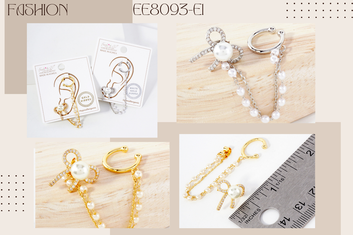 Pearl Bow Stud and Ear Cuff Drape Chain Earring Set