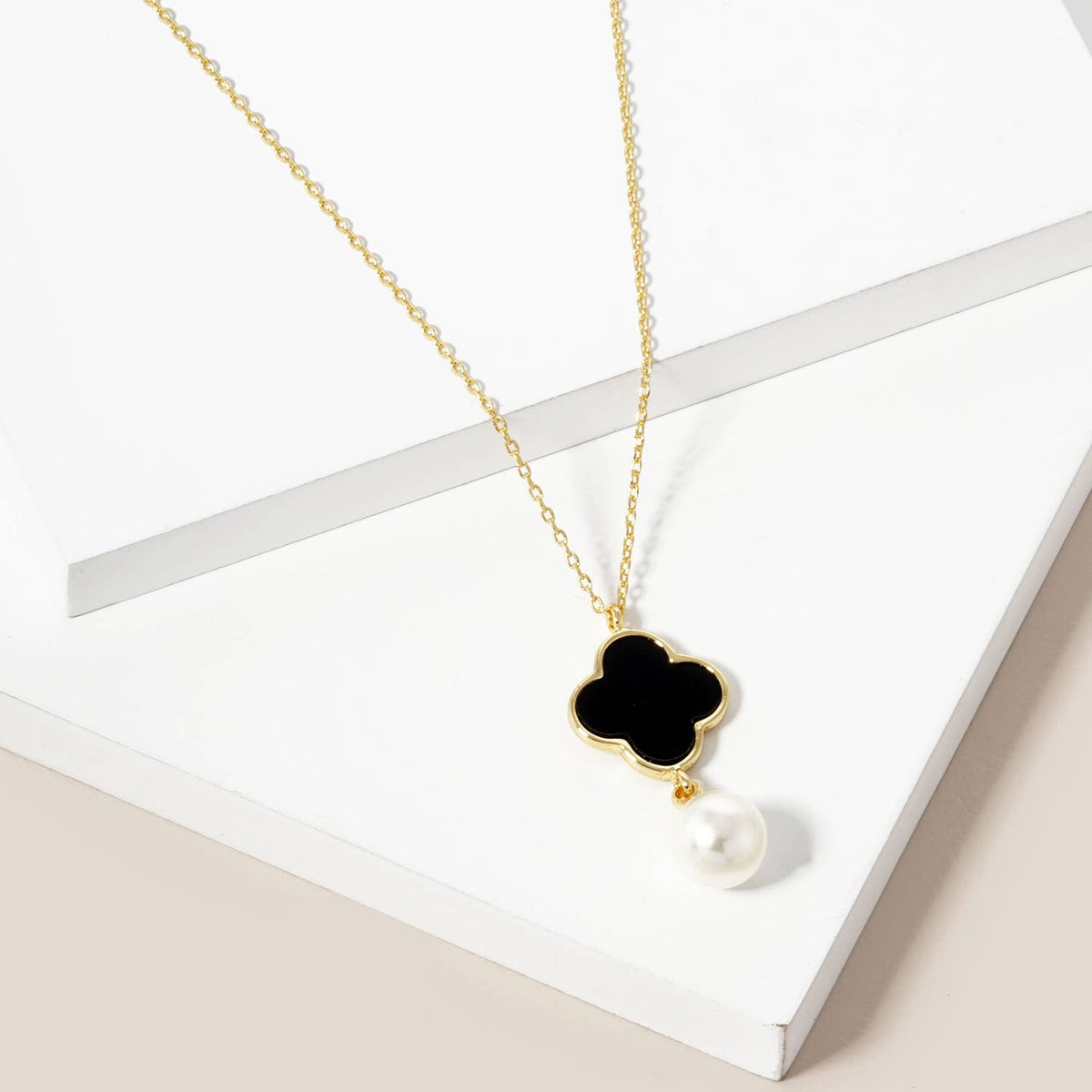 Clover Inlay & Pearl Drop Charm Necklace