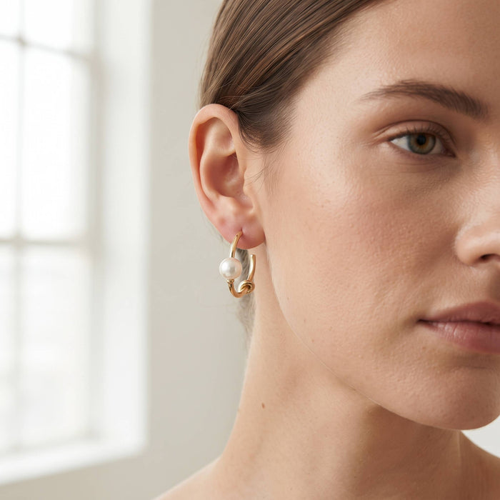 Golden Knot & Pearl Accent Hoop Earrings
