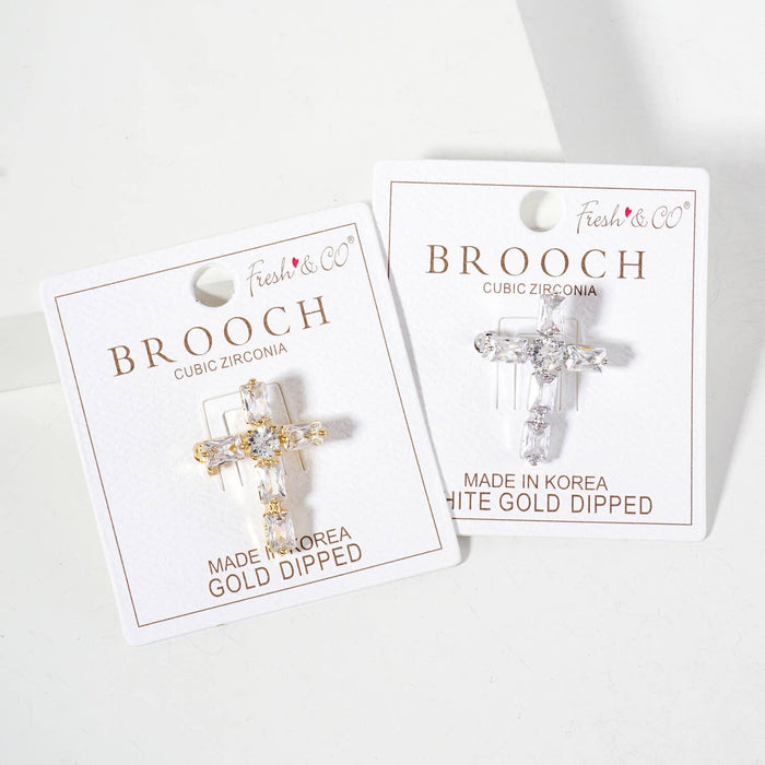 Rectangular Cubic-Zirconia Cross Brass Brooch