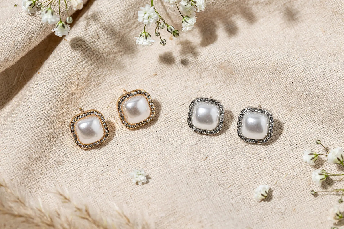 Cushion Pearl Halo Stud Earrings – Crystal Halo Pearl Studs,