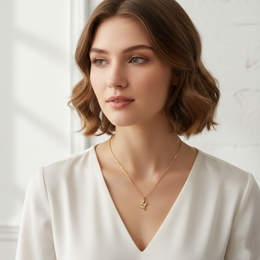 Delicate Cubic Zirconia Leaf Branch Pendant Necklace