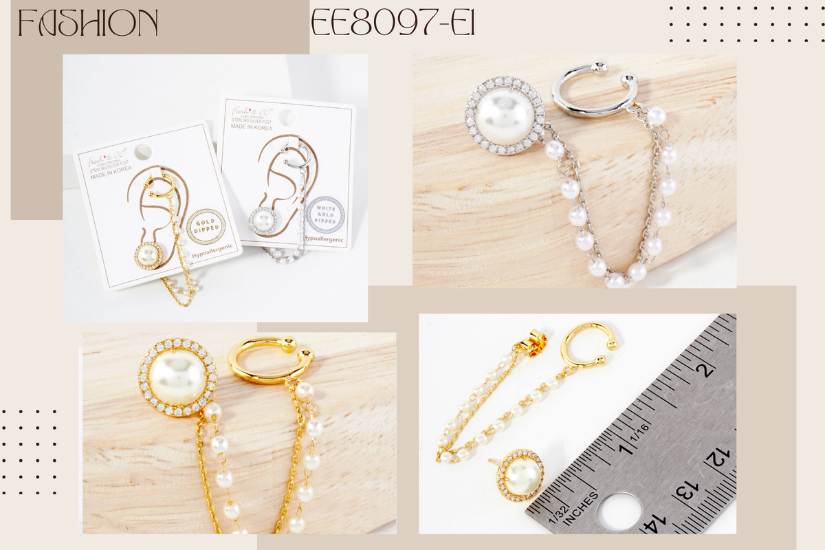 Pearl Surrounded with Ear Cuff Drape Chain Earring Set