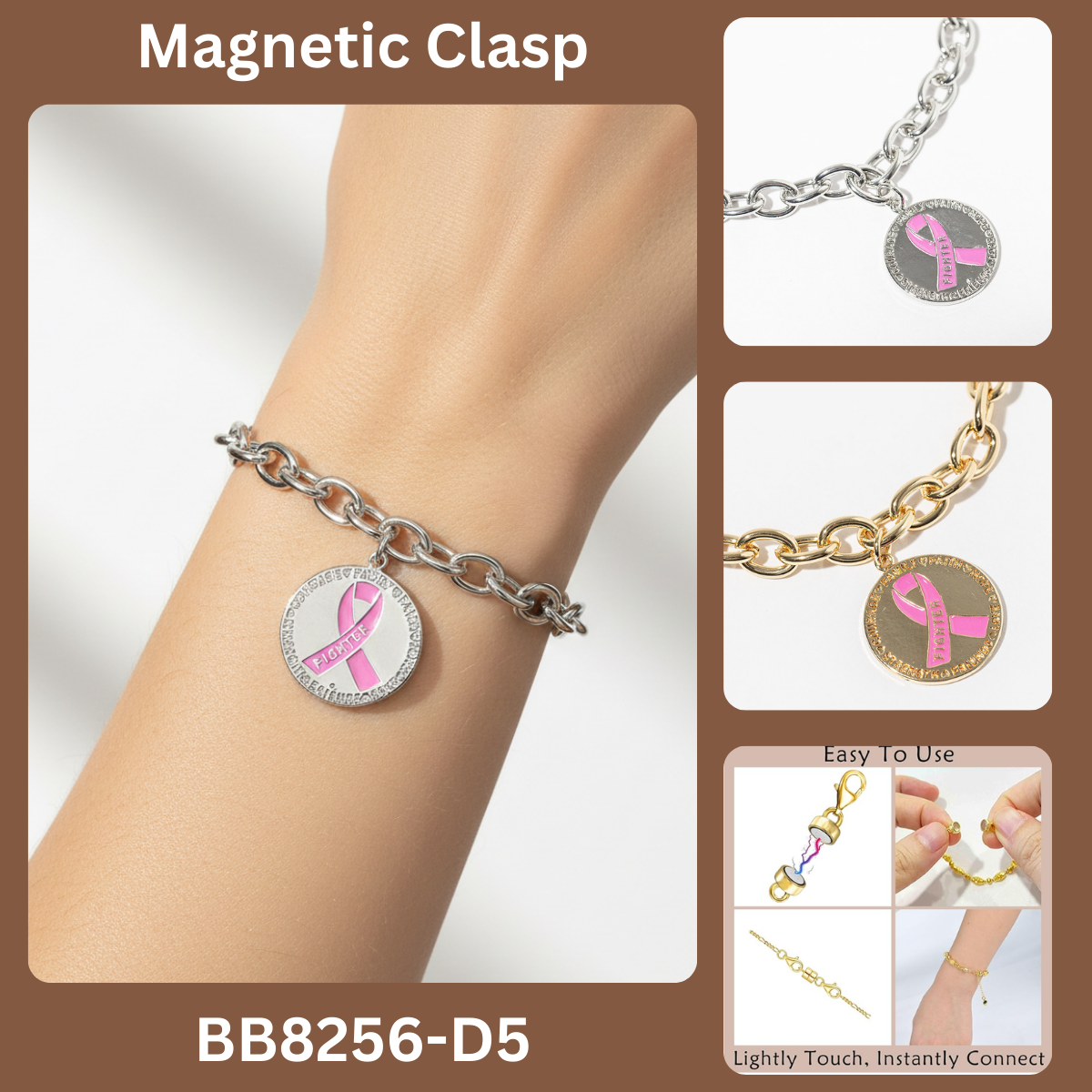 Pink Ribbon "Fighter" Breast Cancer Awareness Magnetic Clasp