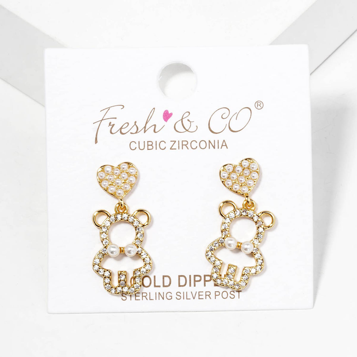 Cubic Zirconia Pearl Heart Bear Dangle Earrings