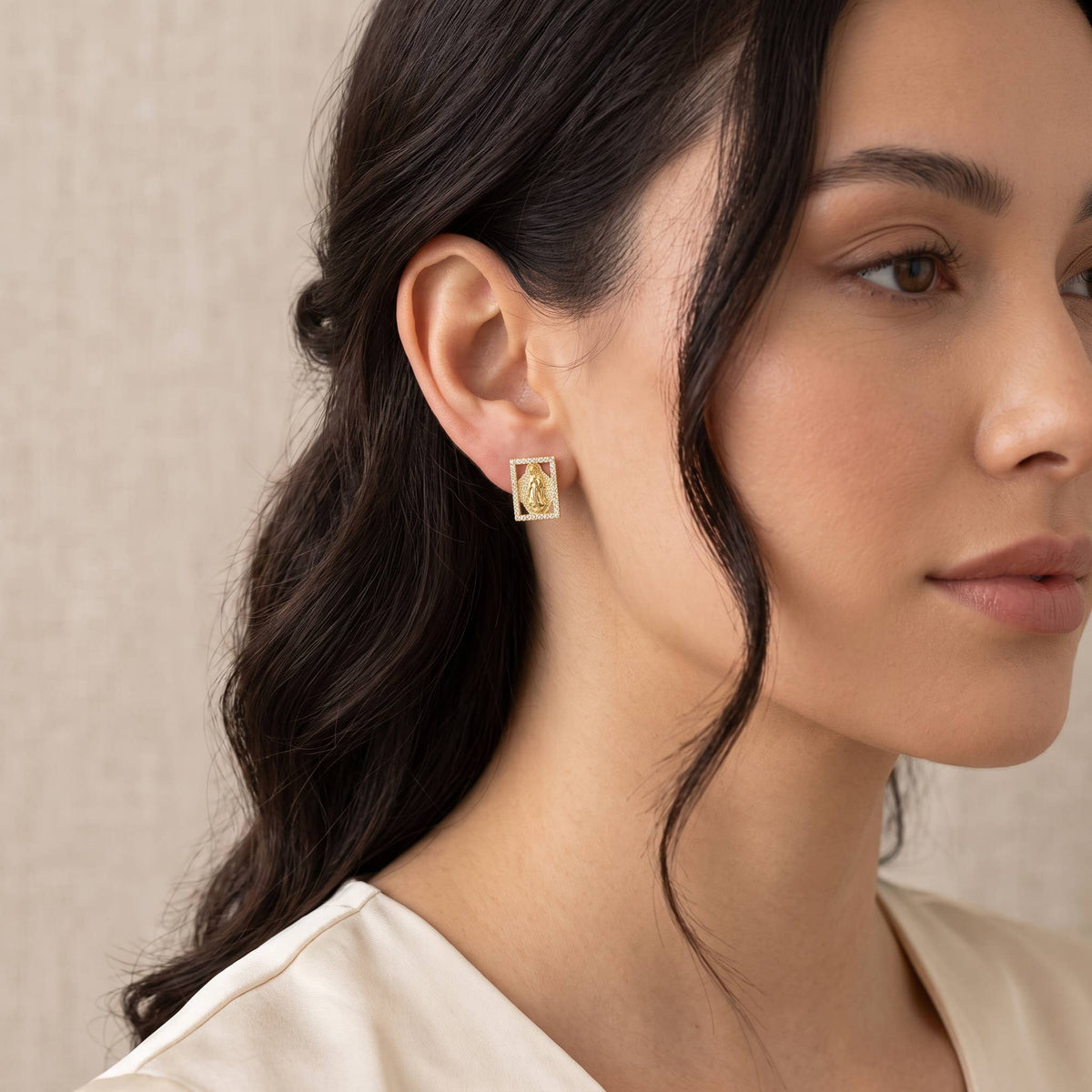 Dainty Pave Virgin Mary Rectangle Stud Earrings