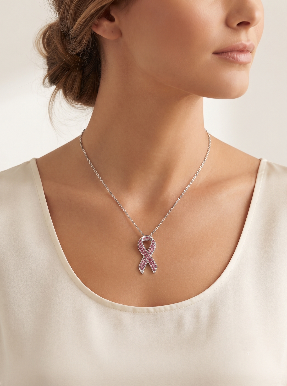 Rhinestone Awareness Ribbon Pendant Necklace