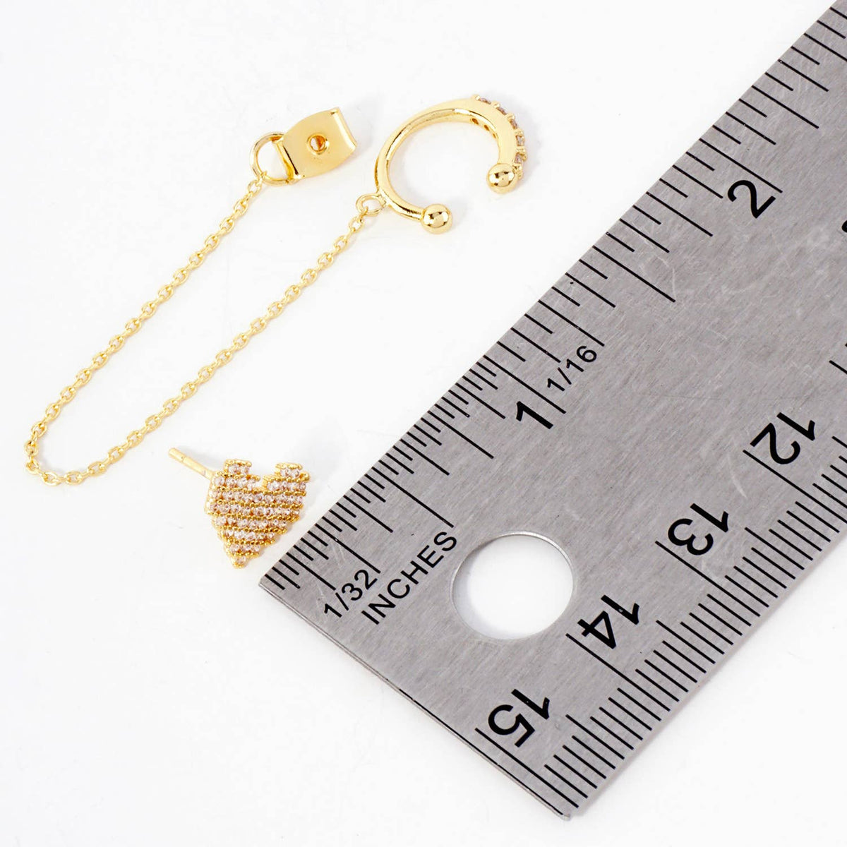 Pixel Heart Stud and Ear Cuff Drape Chain Earring Set