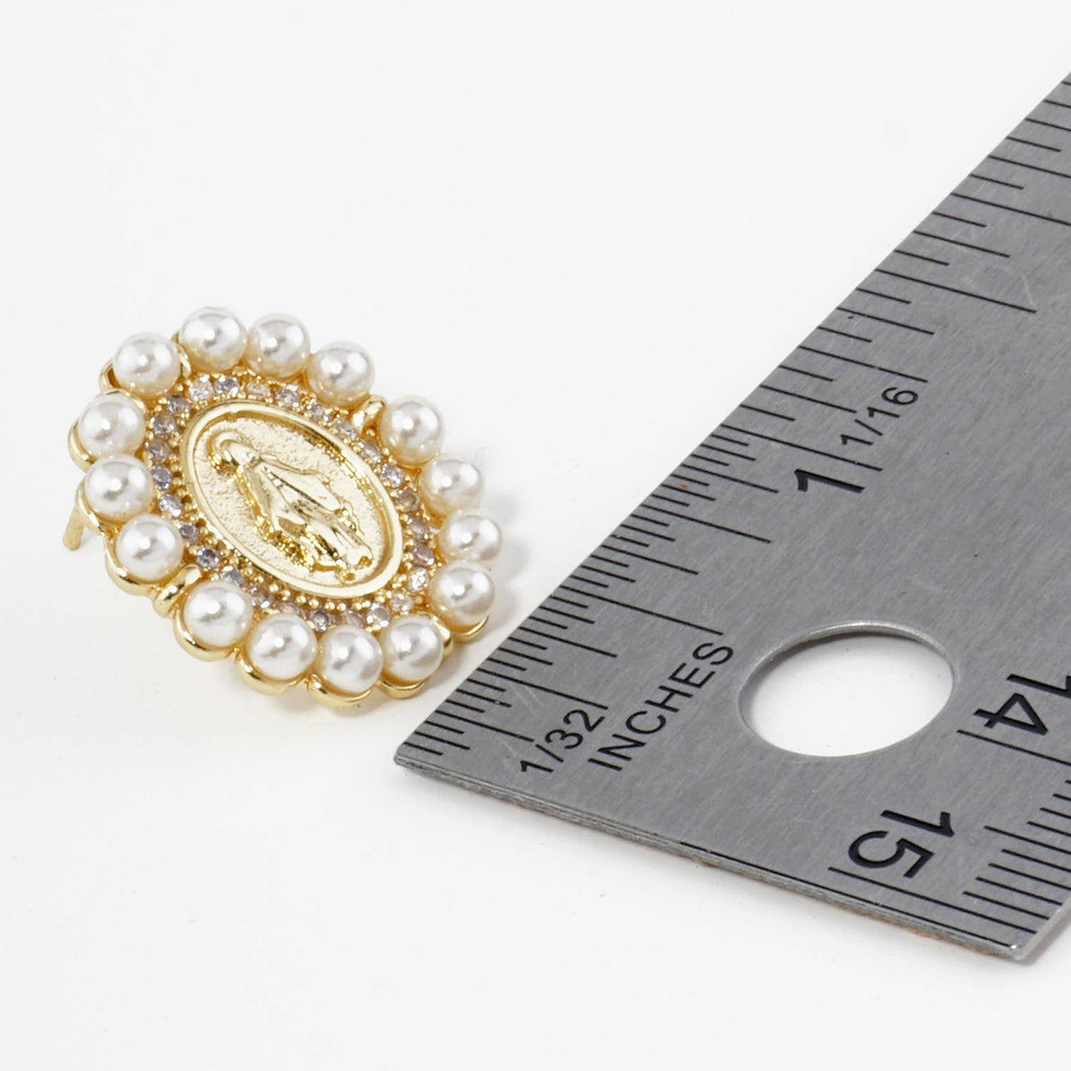 3MM PEARL BEADED CZ OVAL MIRACULOUS MEDAL STUD EARRINGS