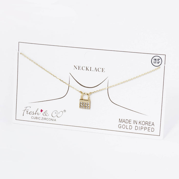 Pave Set Cubic Zirconia Padlock Pendant Necklace / 18K Gold
