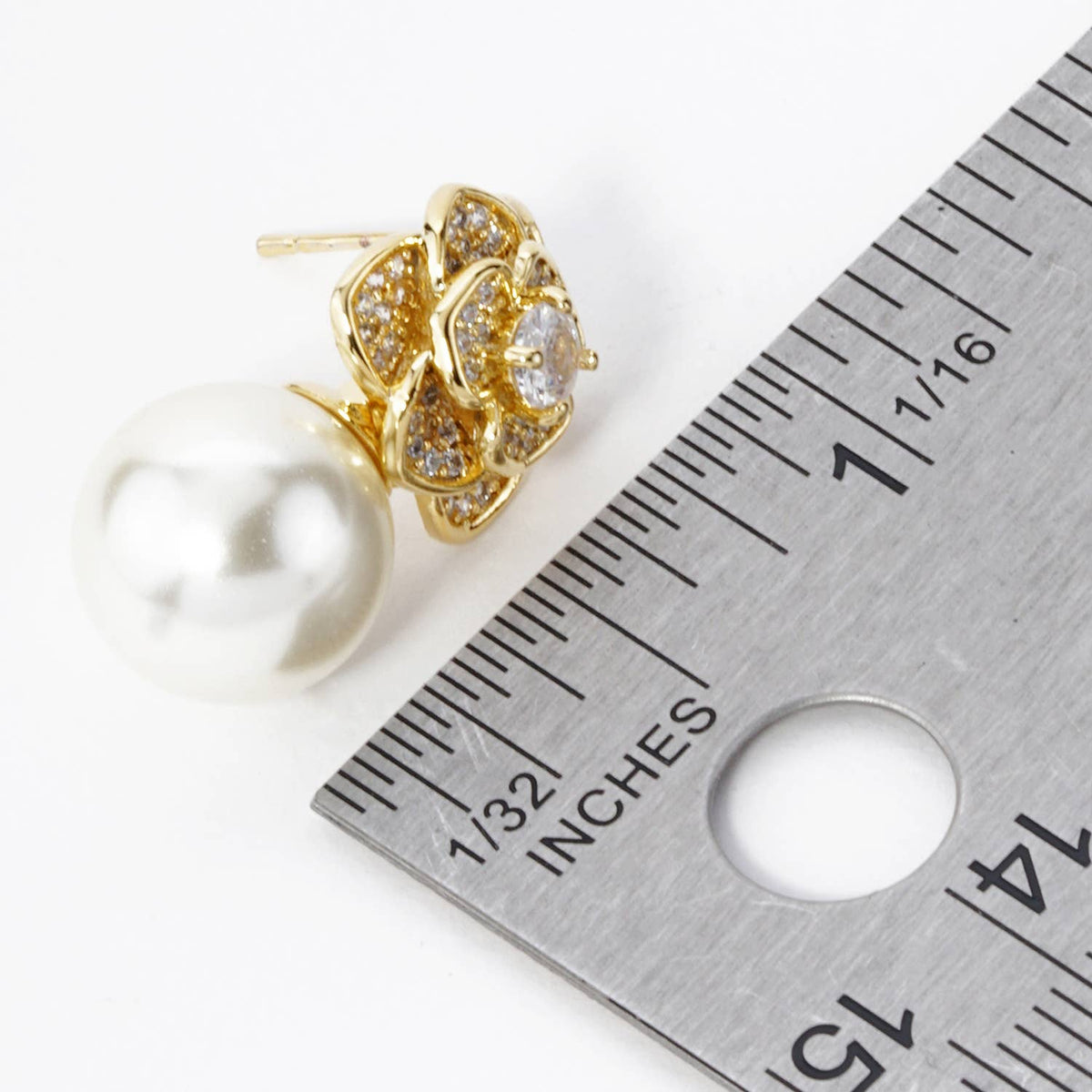 Cubic Zirconia Rose Flower with 11mm Pearl Post Earrings