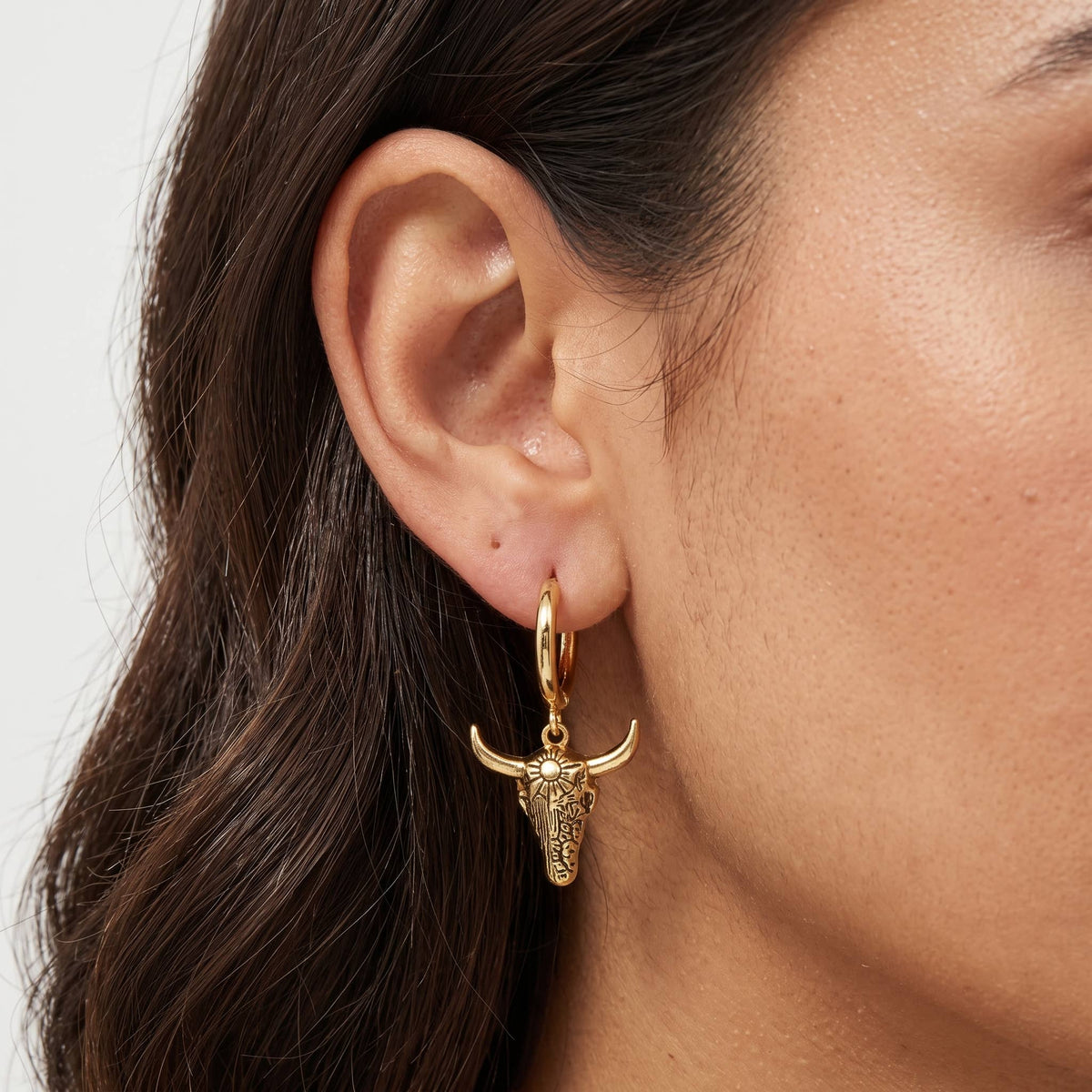 Western Bull Skull Charm Huggie Hoop Earrings
