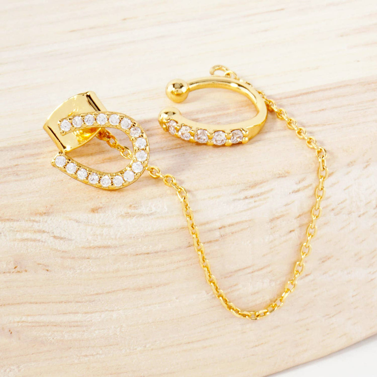 Horseshoe Stud and Ear Cuff Drape Chain Earring Set
