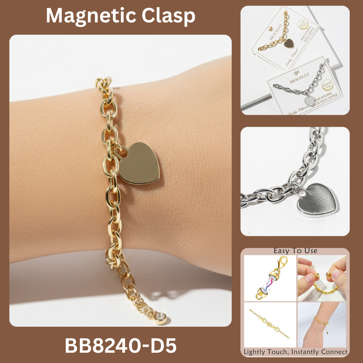 Magnetic Clasp Heart Charm Link Bracelet