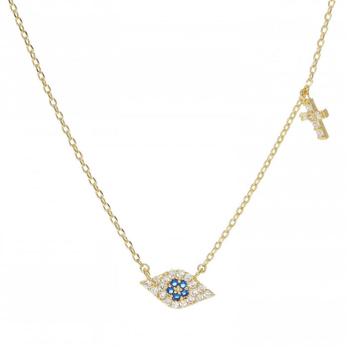 Gold Blue Evil Eye w/ Cross Necklace