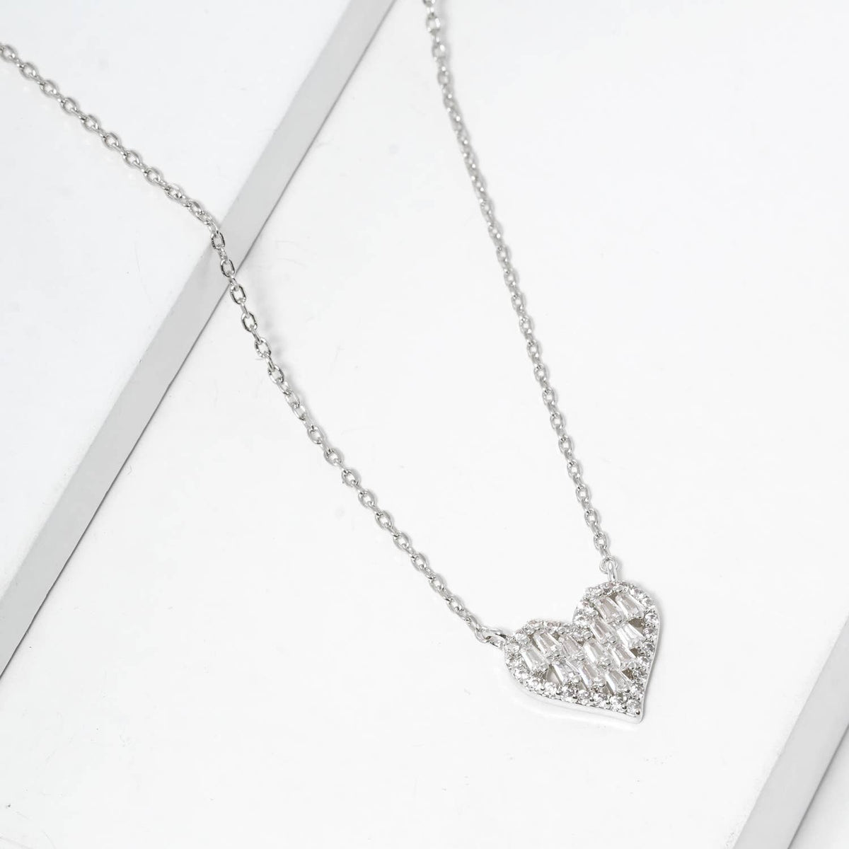 Minimalist Dainty Baguette Zirconia Heart Pendant Necklace