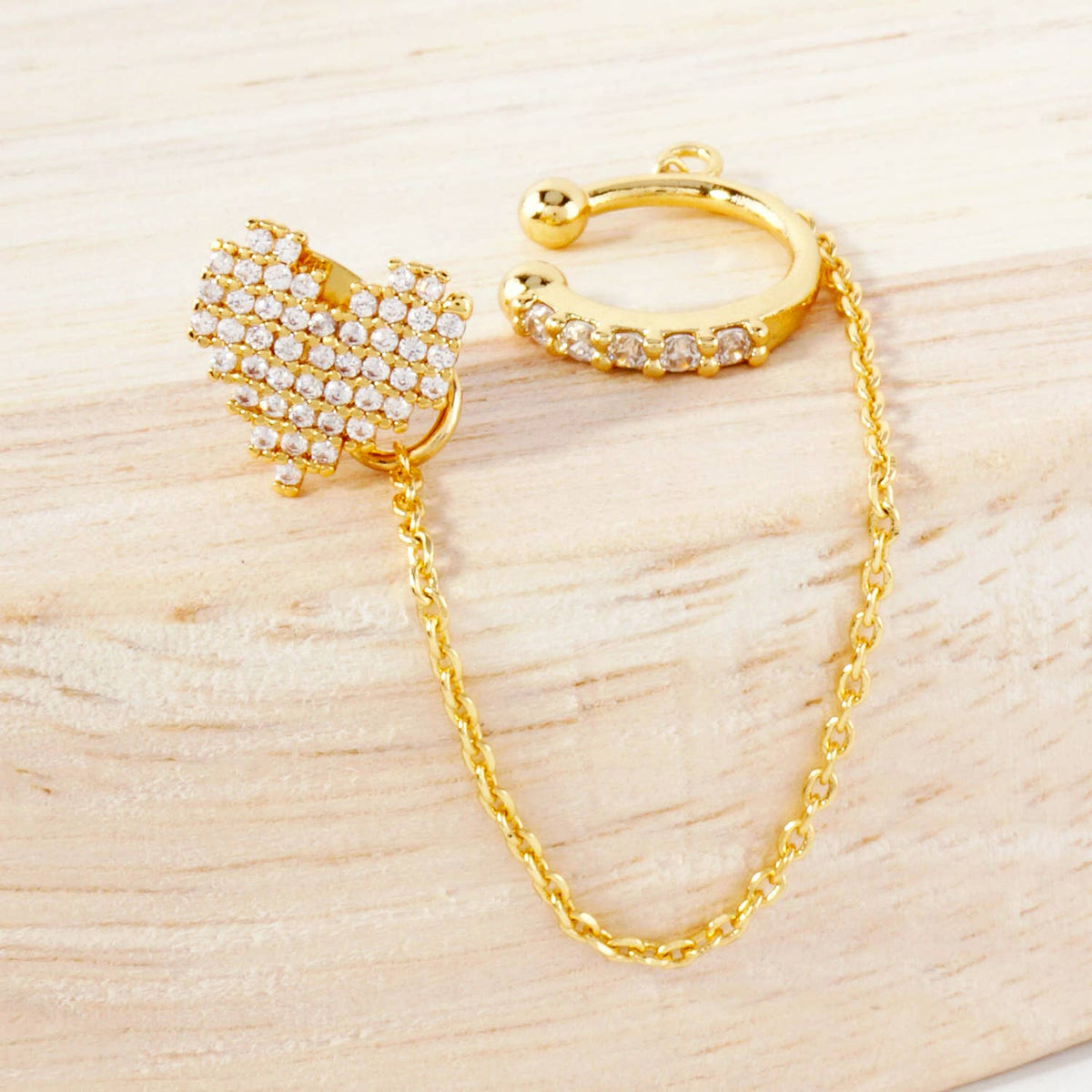 Pixel Heart Stud and Ear Cuff Drape Chain Earring Set