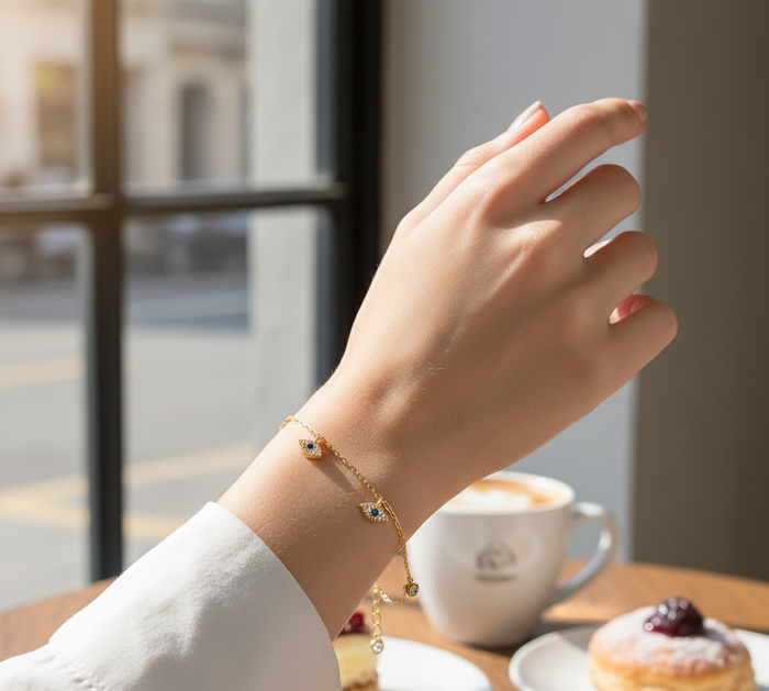 Gold Dipped Cubic Zirconia Evil Eye Charm Bracelet
