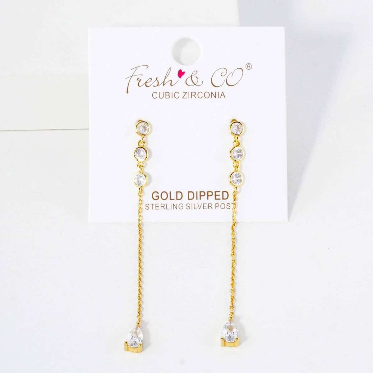 Round CZ Stone Trio with Teardrop Drop Chain Earrings