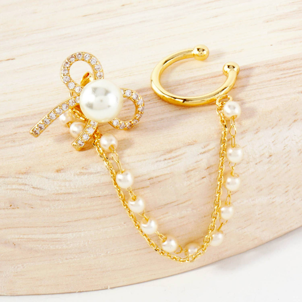 Pearl Bow Stud and Ear Cuff Drape Chain Earring Set