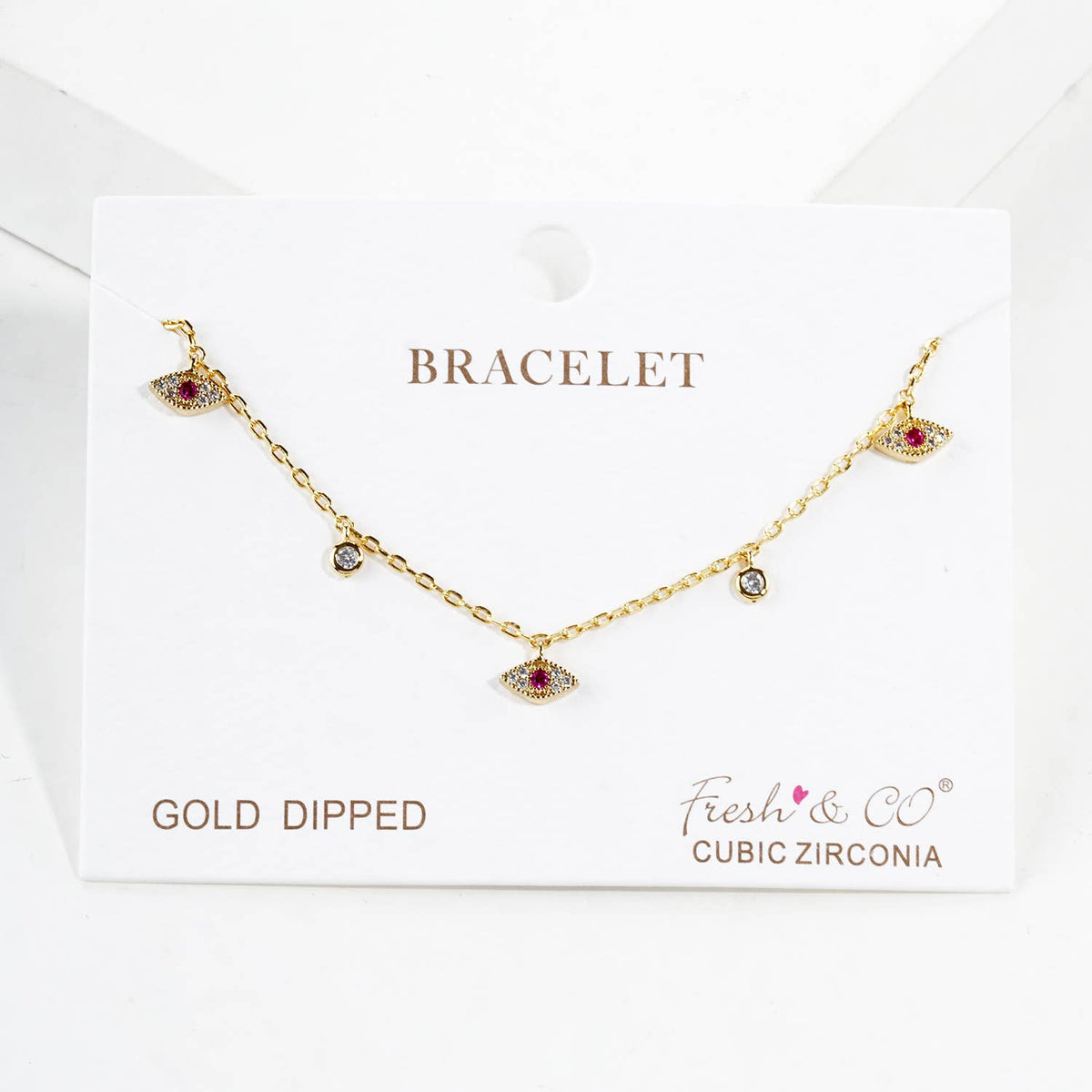 Gold Dipped Cubic Zirconia Evil Eye Charm Bracelet