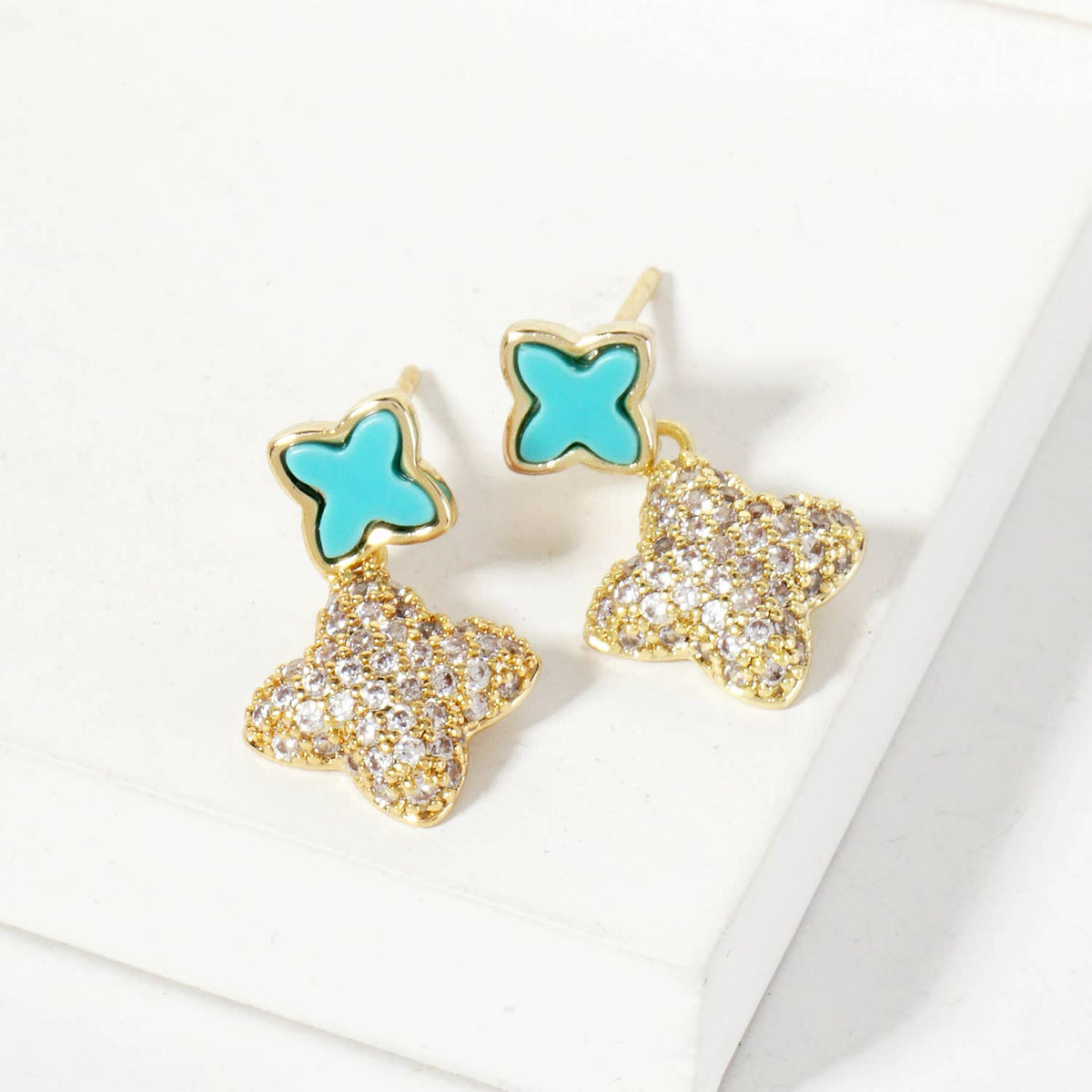 6-10mm Pave-Set Double Quatrefoil Drop Dangle Earrings