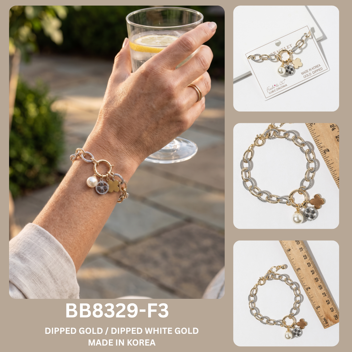 Two-Tone Two-Row Mixed Chain Charm Bracelet