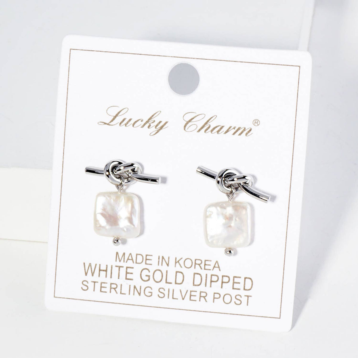 Square Freshwater Pearl Drop Love Knot Post Earrings
