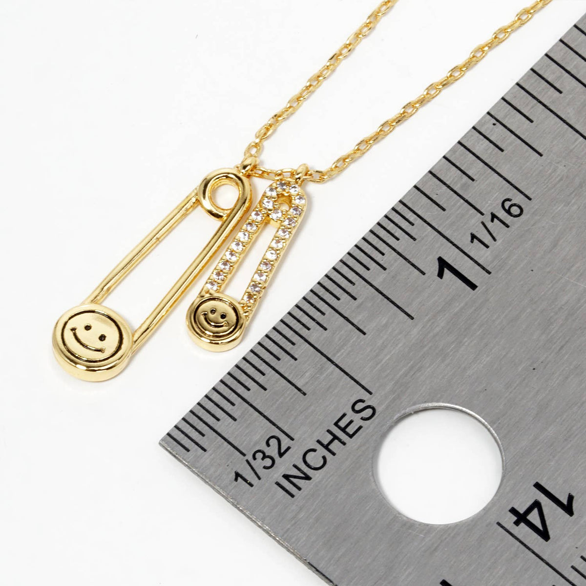 18K Gold Dipped CZ Pave Smiley Face Safety Pin Necklace