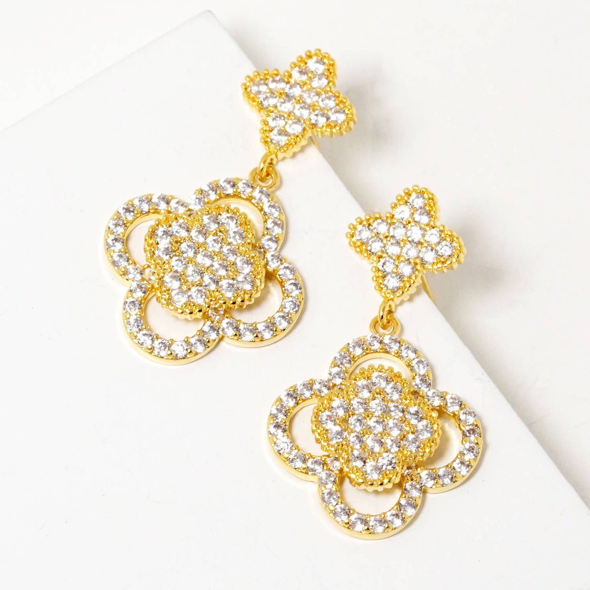 Dainty Cubic Zirconia Double Clover Drop Earrings