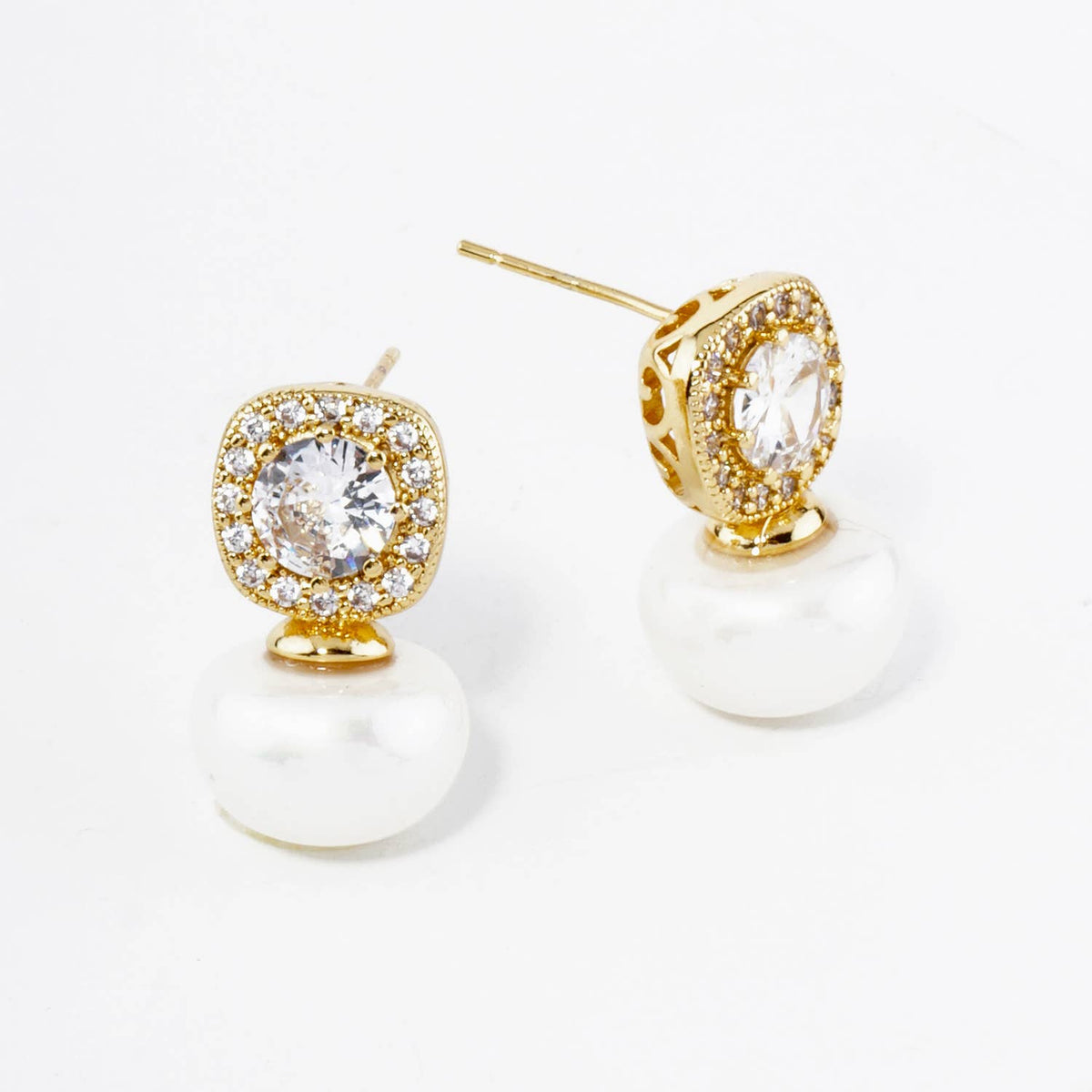 18K GOLD DIPPED PEARL DROP CUBIC ZIRCONIA STUD EARRINGS