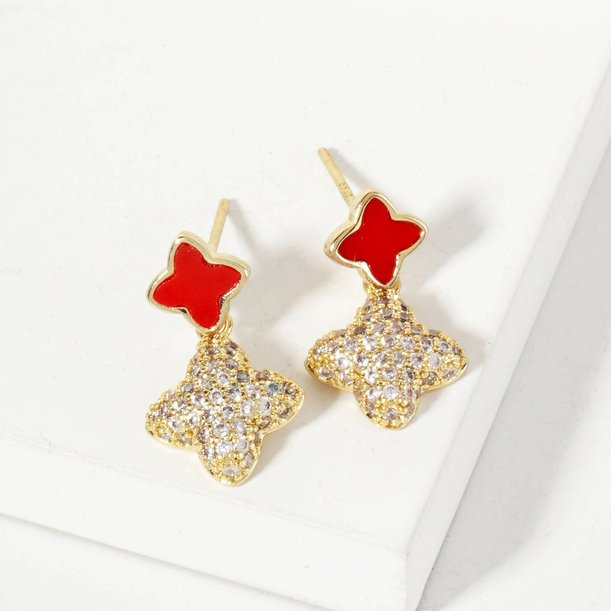 6-10mm Pave-Set Double Quatrefoil Drop Dangle Earrings