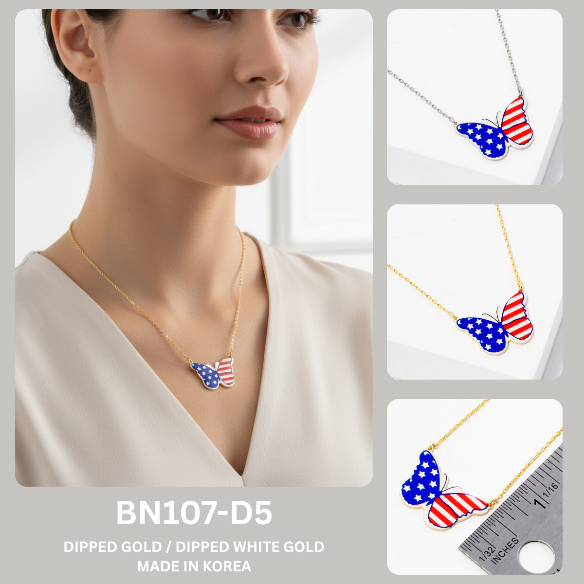 American Flag Butterfly Pendant Necklace