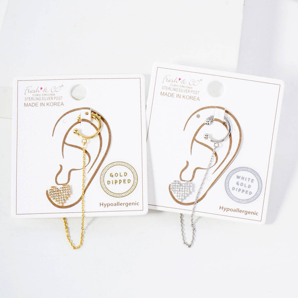 Pixel Heart Stud and Ear Cuff Drape Chain Earring Set