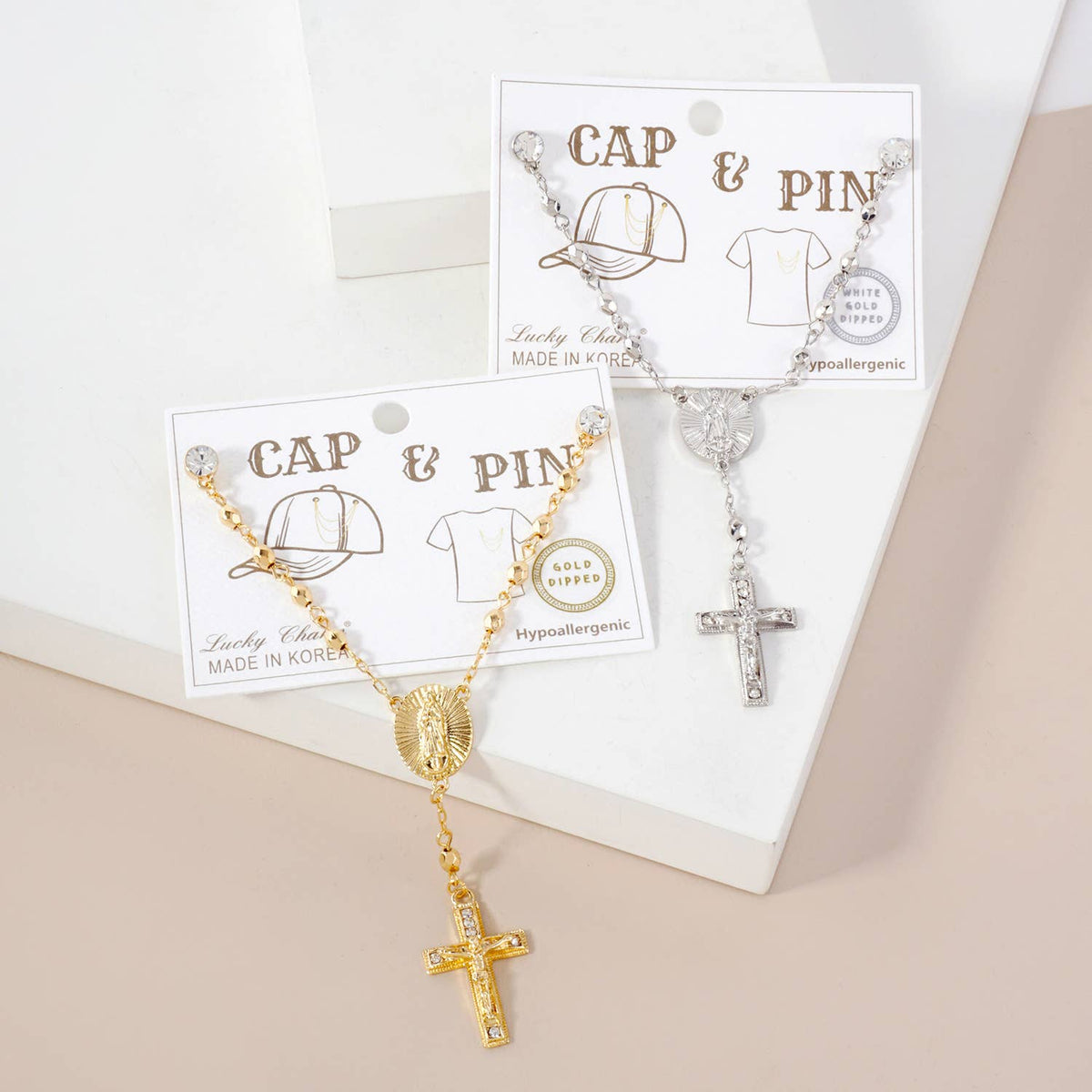 Cap & Pin Rosary Chain Accessory - Virgin Mary & Crucifix