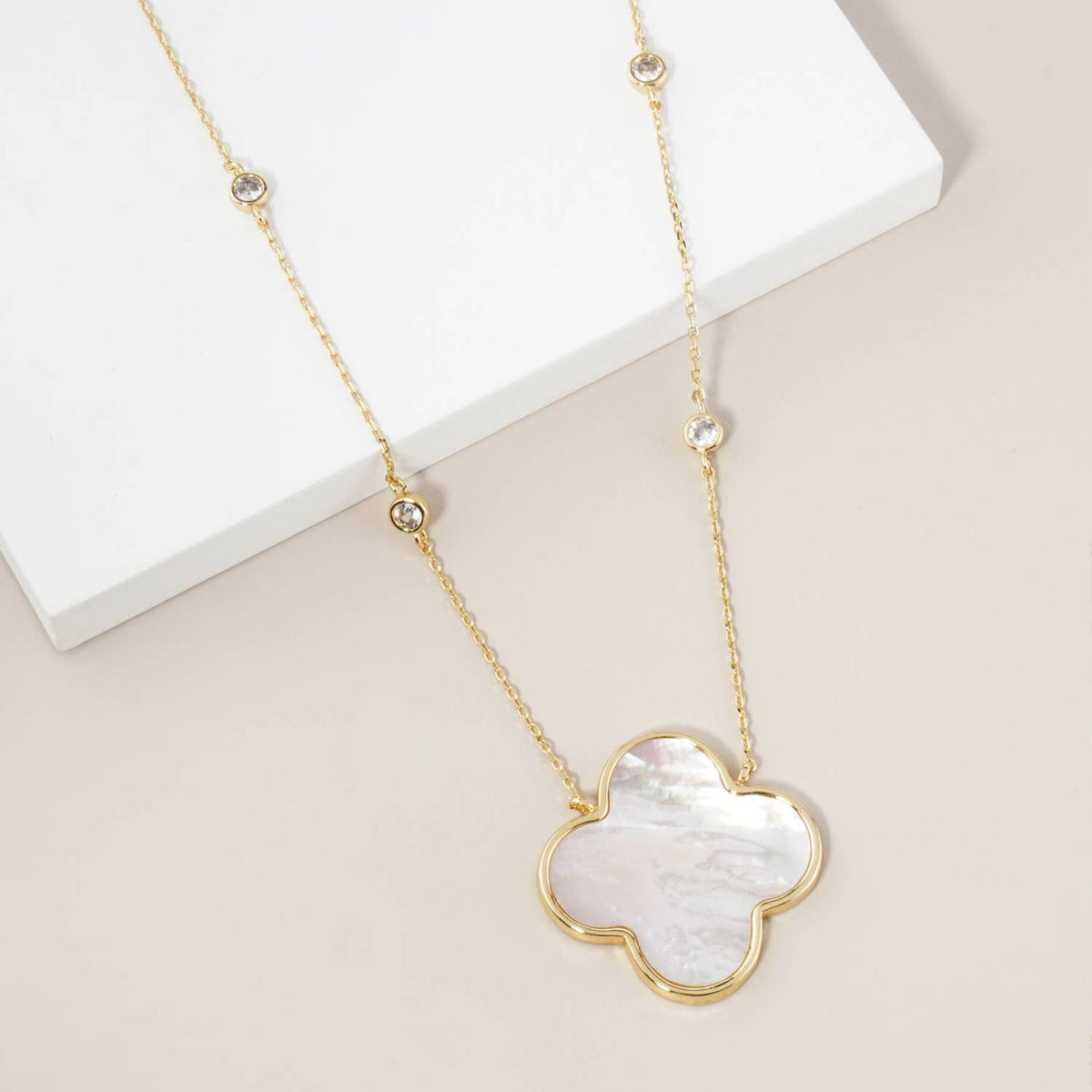 Quatrefoil Pendant CZ Stone Chain Necklace / 18K Gold Dipped